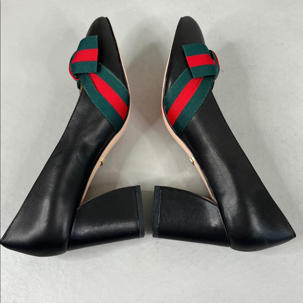 Gucci Aline Black Grosgrain Ribbon Gold Star Curved Block Heel Pumps - Picture 5 of 9